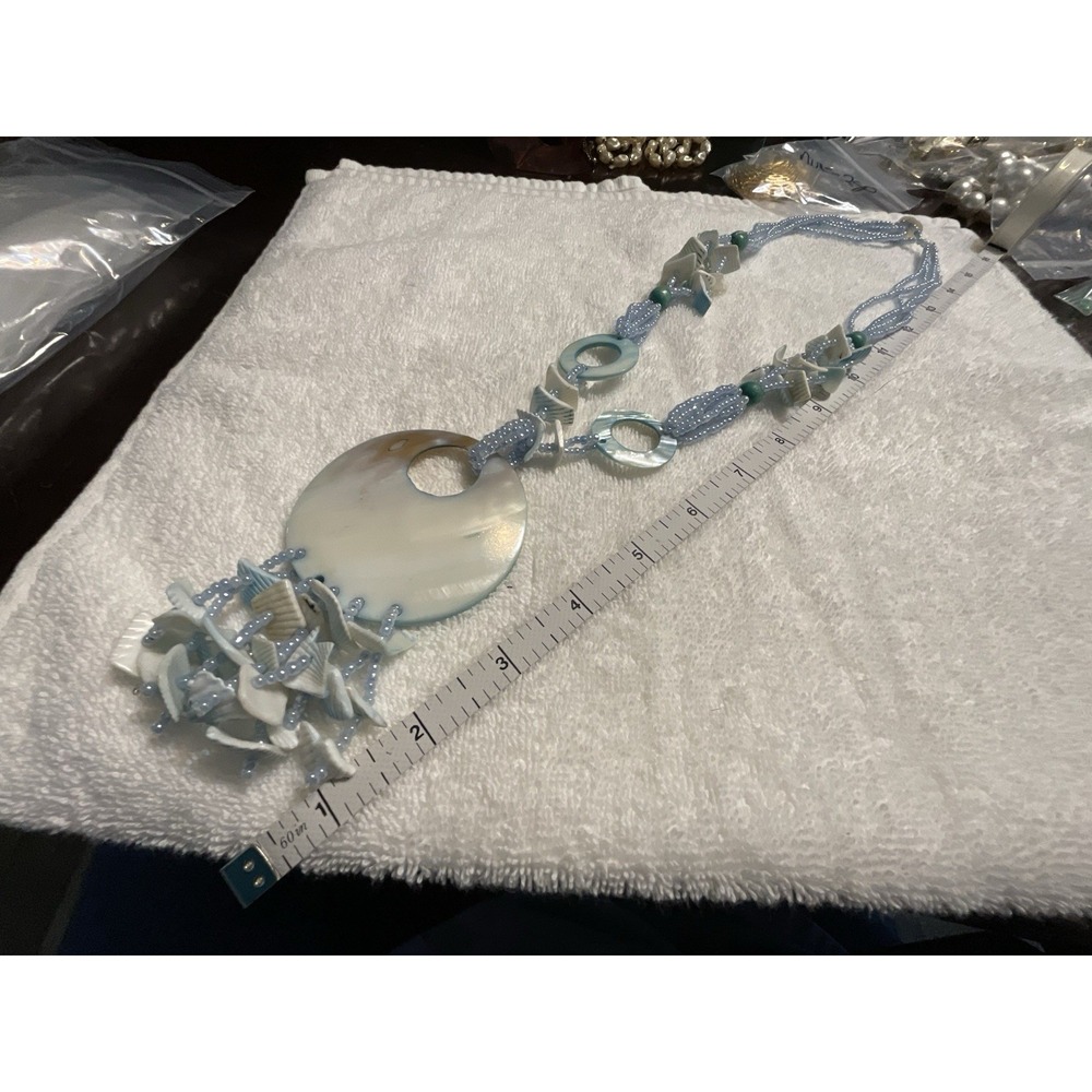 Mother Of Pearl Pendant Vtg Blue She'll Bead Necklace 30 In